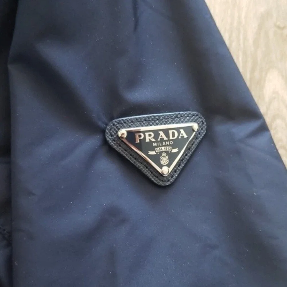 Prada Womens Navy Chic Feminine Edgy Luxury Tan Belted Windbreaker Size 46 - Picture 3 of 7